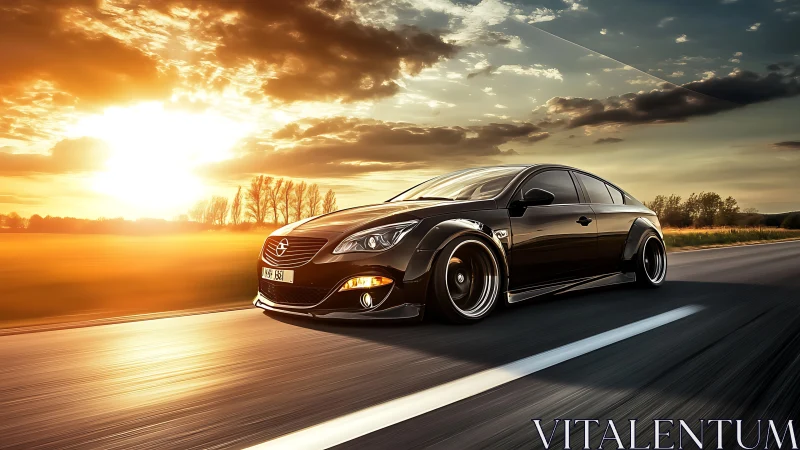 Widebody black sports sedan at sunset on rural highway
