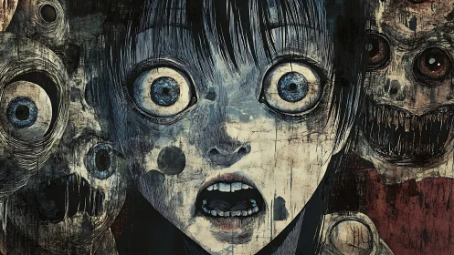 Terrified anime girl confronts grotesque nightmare faces.