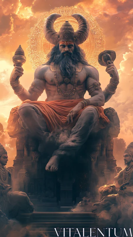 Radiant celestial guardian seated above glowing temples.