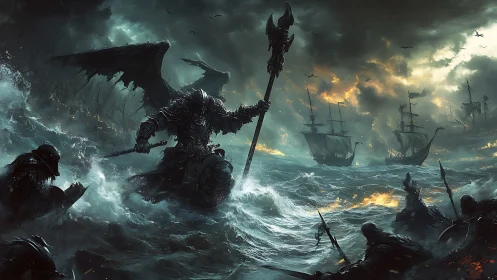Winged armored giant in stormy sea with burning warships.