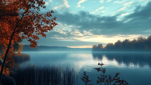 Calm misty lake at sunrise with vivid autumn shoreline.