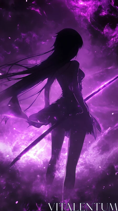 Shadowed anime warrior stands in glowing purple storm.