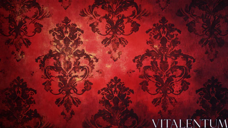 Ornate red damask wallpaper evokes vintage theatrical drama