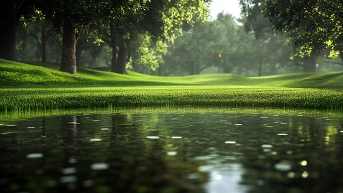Sunlit park pond and quiet green meadow of soft calm light.