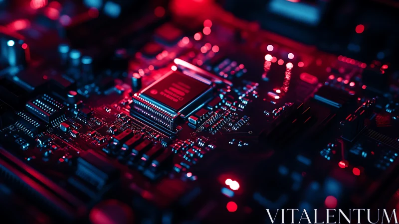 Cybernetic mainboard macro with luminous logic circuitry.