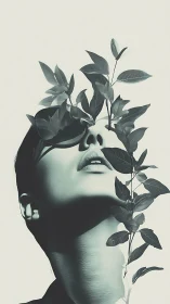 Digital double exposure portrait entwined with botanical growth.