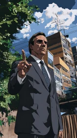 Corporate leader in urban streetscape under dynamic sky.