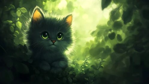 Black cat with luminous green eyes in misty forest setting.