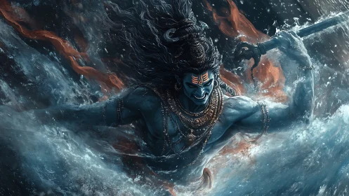 Storm-kissed warrior god rises fiercely from the raging sea