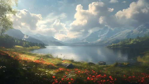 Sunlit alpine lake with wildflower meadow and distant peaks