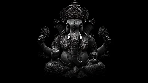 Ornate dark Ganesha sculpture in dramatic side lighting.