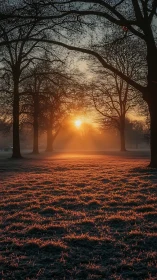 Photorealistic winter sunrise across frosted parkland trees.