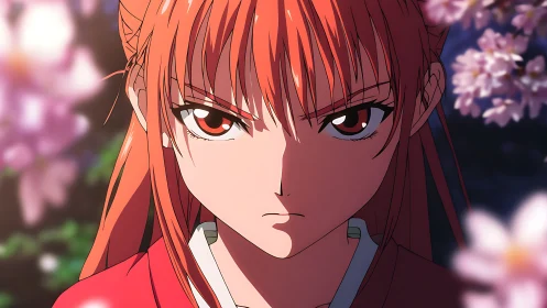 Determined anime heroine framed by glowing cherry blossoms.