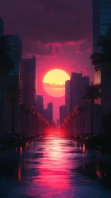 Neon sunset corridor aligns high-rise silhouettes and wet asphalt