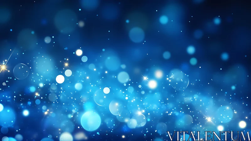 Abstract blue bokeh background with glowing light orbs and sparkles.