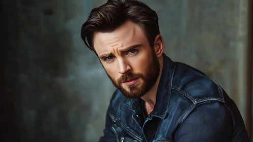 Moody bearded man gazes intensely in denim jacket portrait.