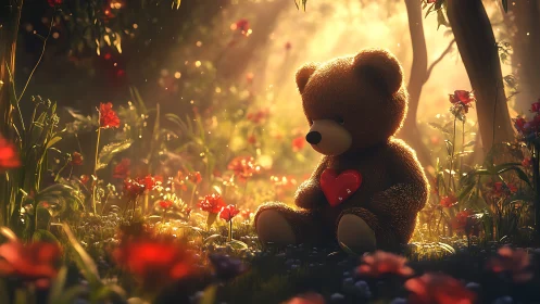 Soft teddy bear cradles a red heart in glowing flower garden