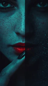 Half-lit red lips portrait evokes duality and quiet mystery