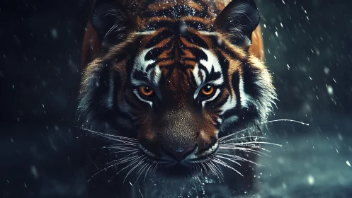 Midnight storm tiger stalking through electric snowfall.