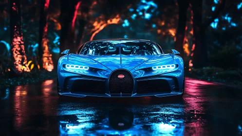 Blue hypercar front view under neon lights on wet road