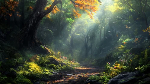 Sunlit Cathedral: Where Ancient Giants Guard the Forest's Sacred Glow.