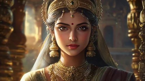 Digital painting portrait of regal Indian queen in temple setting.