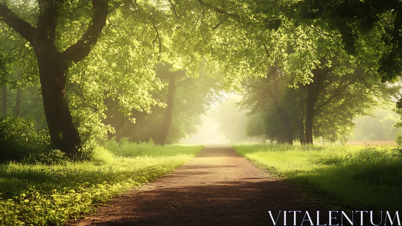Sunlit tree-lined path through green park landscape.