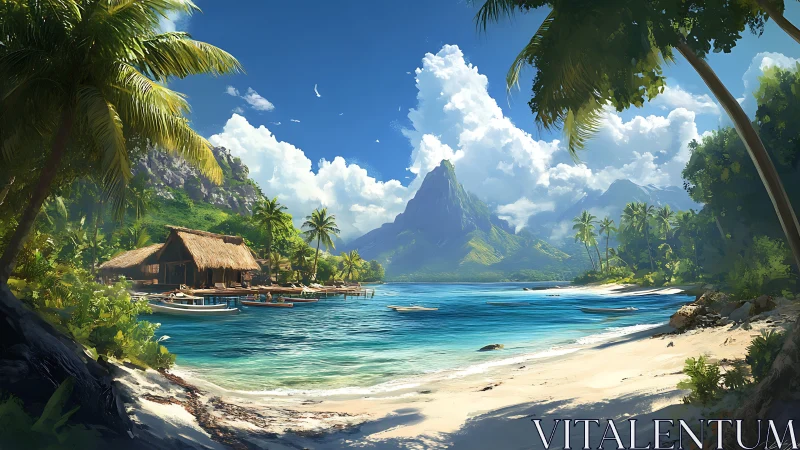 Tropical coastal landscape with volcanic peak and thatched structure.