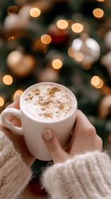 Hands cradle a festive latte before warm holiday lights