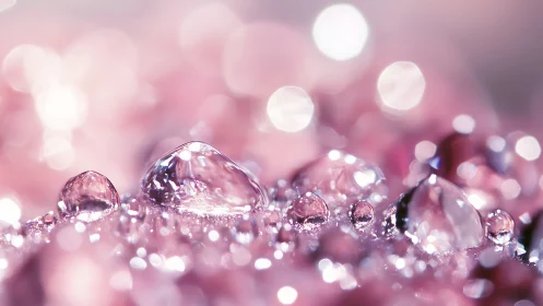 Macro water droplets form crystalline domes on pink bokeh field