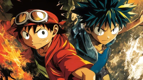 Anime heroes charge through elemental fire and water clash.