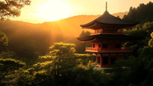 Japanese pagoda in golden forest sunset light.
