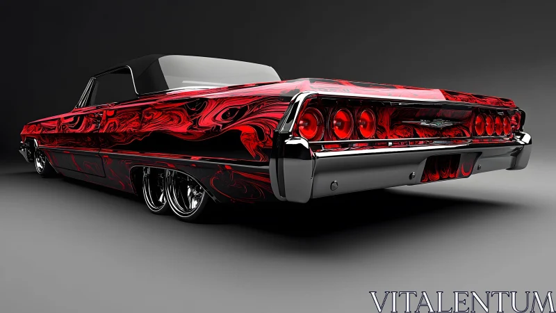 Classic lowrider car with red-black marble paint and chrome, digital art.
