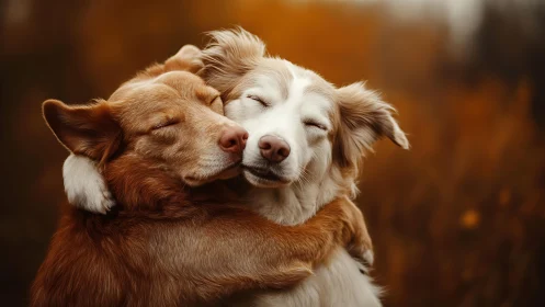 Two Dogs Embracing in Warm-Toned Golden Light