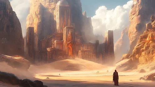 Solitary robed figure approaches colossal desert citadel