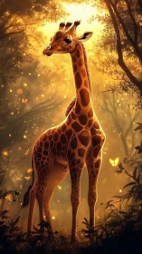 Gentle baby giraffe glowing in golden forest light.