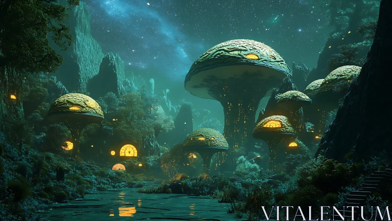 Mushroom-like elevated dwellings stand amid dense forest terrain