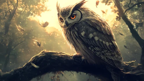 Majestic Owl on Forest Branch at Dawn, Digital Art Realism.