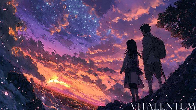 Two figures on hillside observing dense sunset cloud field.