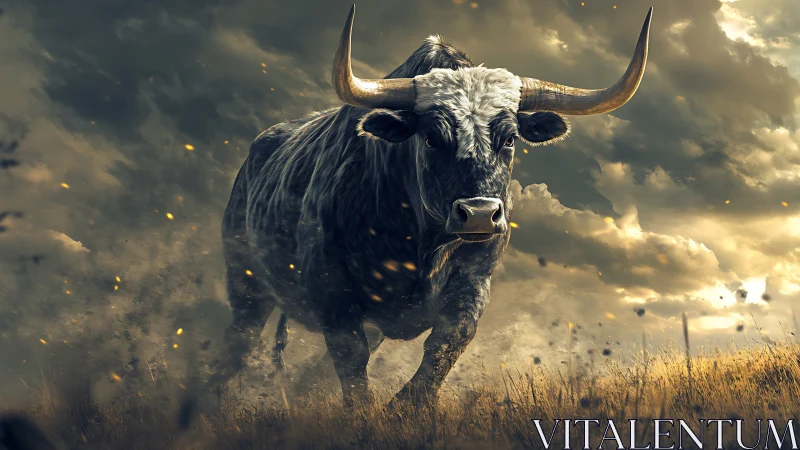 Storm-charged bull sprinting through blazing twilight field.