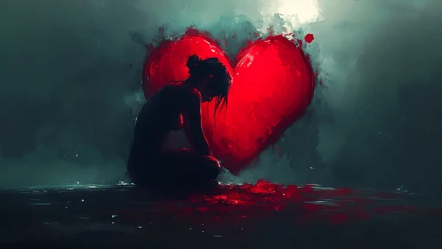 Silhouetted figure against ruptured red heart field in fog.