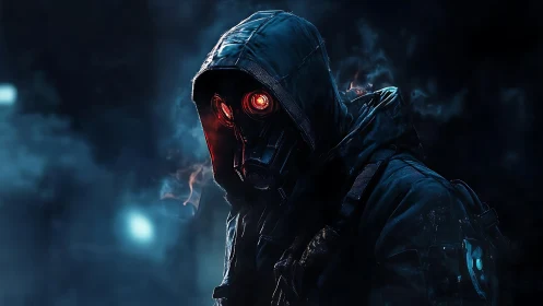 Hooded gas mask figure glows amid dystopian blue haze.