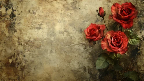 Red Roses Against Weathered Grunge Wall Texture