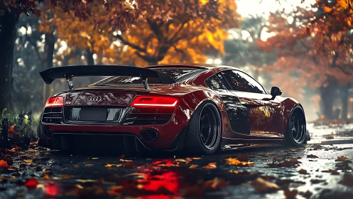 Low stance red supercar waits on wet autumn forest road