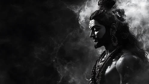 Monochrome profile deity render in dramatic smoke chiaroscuro.