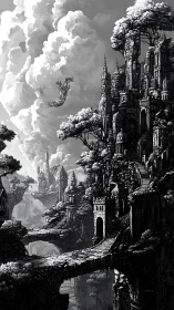 Soaring dragon glides above a towering cliffside city