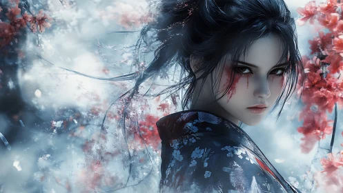 Female figure in floral robe amid red blossoms and mist.