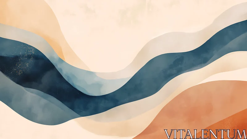 Layered fluid bands map warm earth tones against cool navy channel