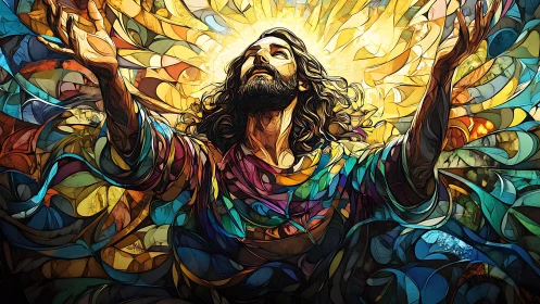 Radiant robed figure rendered in layered stained glass geometry