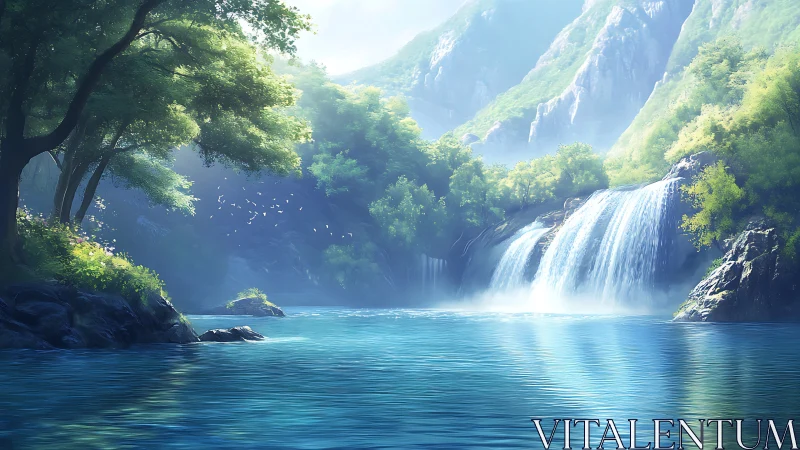 Sunlit forest waterfall pouring into calm blue river.